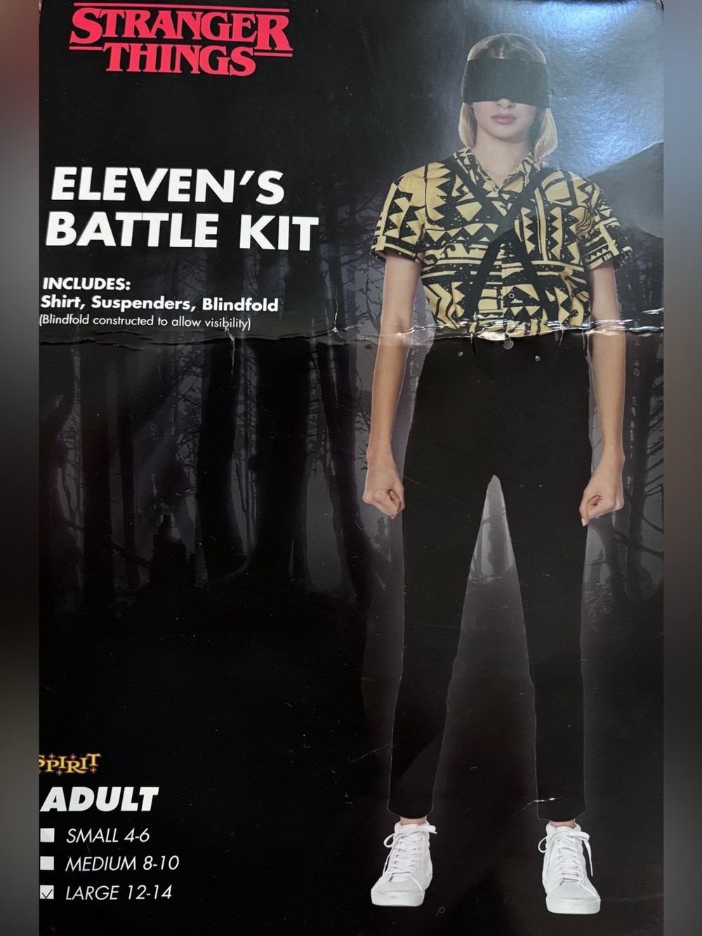Stranger Things Eleven’s Battle Kit Costume Shirt Suspenders Blindfold Adult L